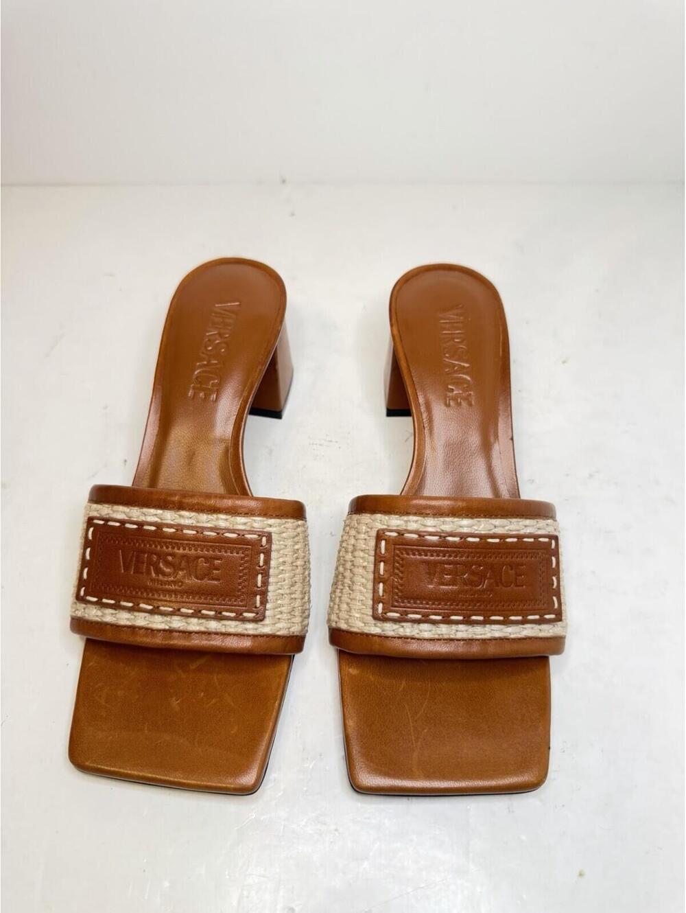 Versace Raffia Leather Heels Brown Slide Sandals EU 35 New Italy